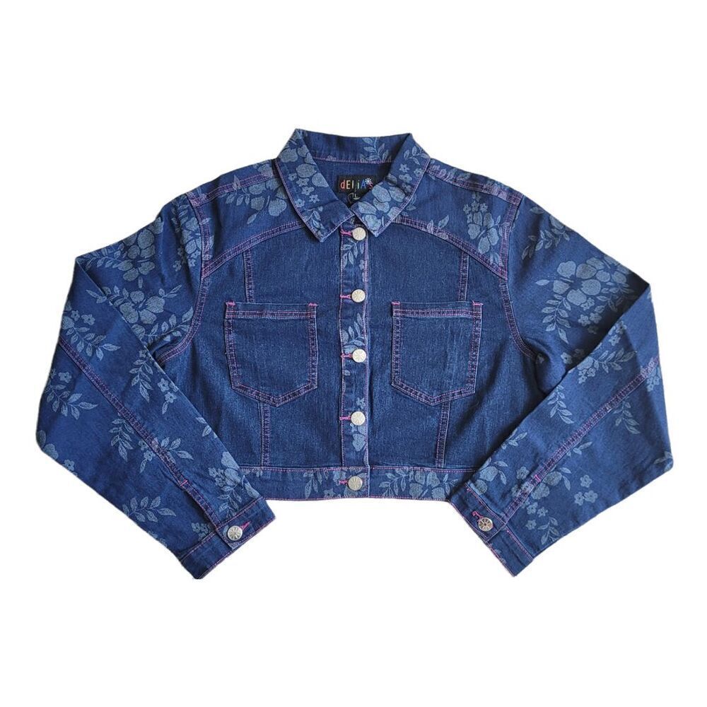 NWT delia’s by Dolls Kill Woke Up In Paradise Crop Denim Jacket Floral Juniors L